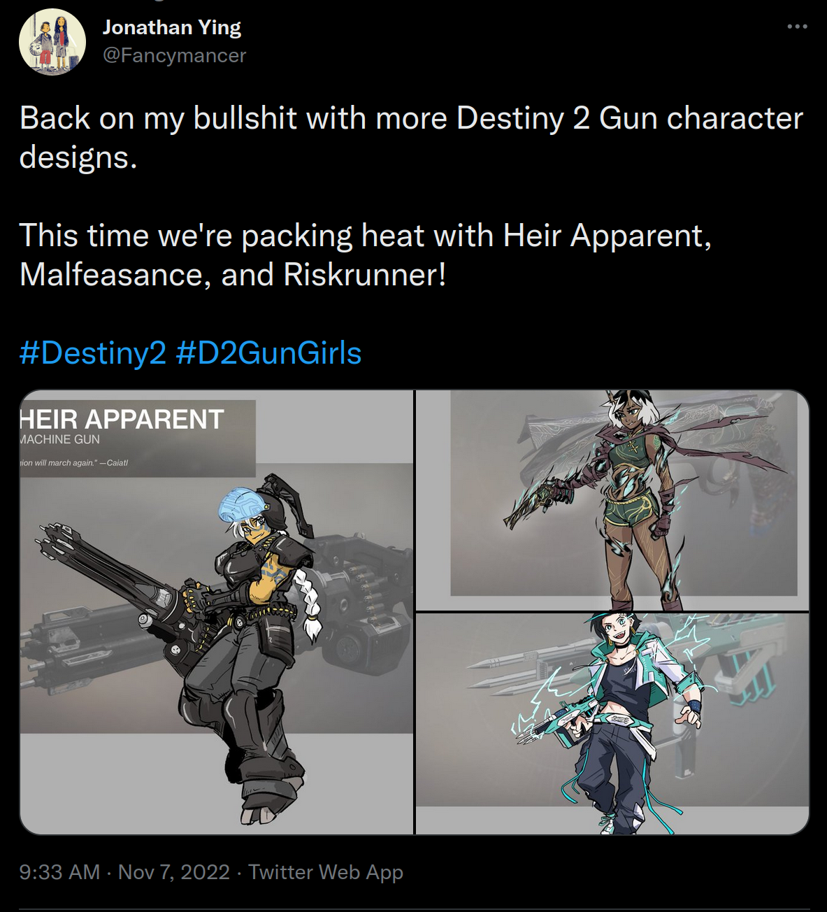 Screenshot of three &ldquo;gun girls&rdquo; drawn by @Fancymaker on
Twitter